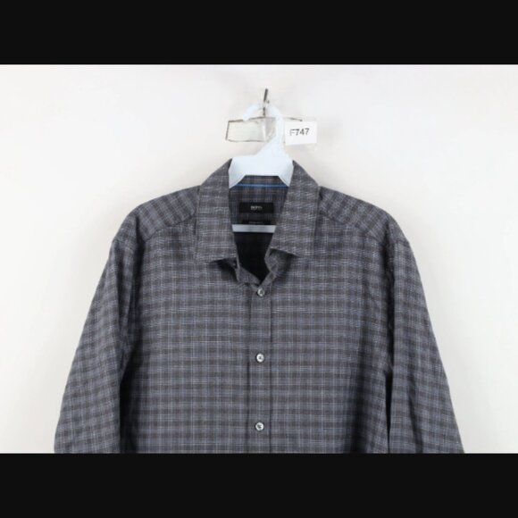 Hugo Boss Flannel Collared Button Shirt Gray Plaid Cotton Lyocell Size XL - Picture 1 of 14